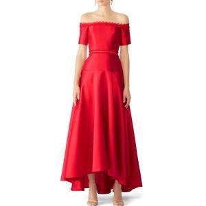 Monique Lhuillier Off Shoulder Maxi High Low Gown Dress 4 Red Wedding Guest